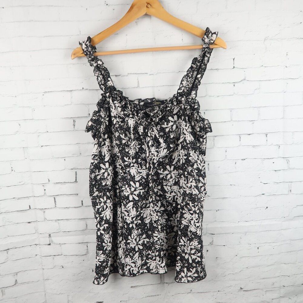 SUZANNE BETRO BLACK & WHITE FLORAL PEPLUM TOP WITH FRONT TIE DETAIL SIZE MEDIUM